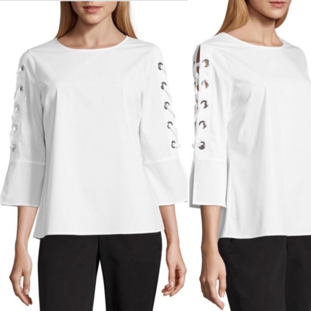 Worthington White Blouse With Lace-Up Sleeves Size Medium